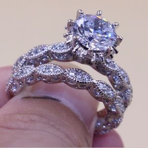 2 pc 925 Sterling Silver Cz Couple Bridal Ring Set